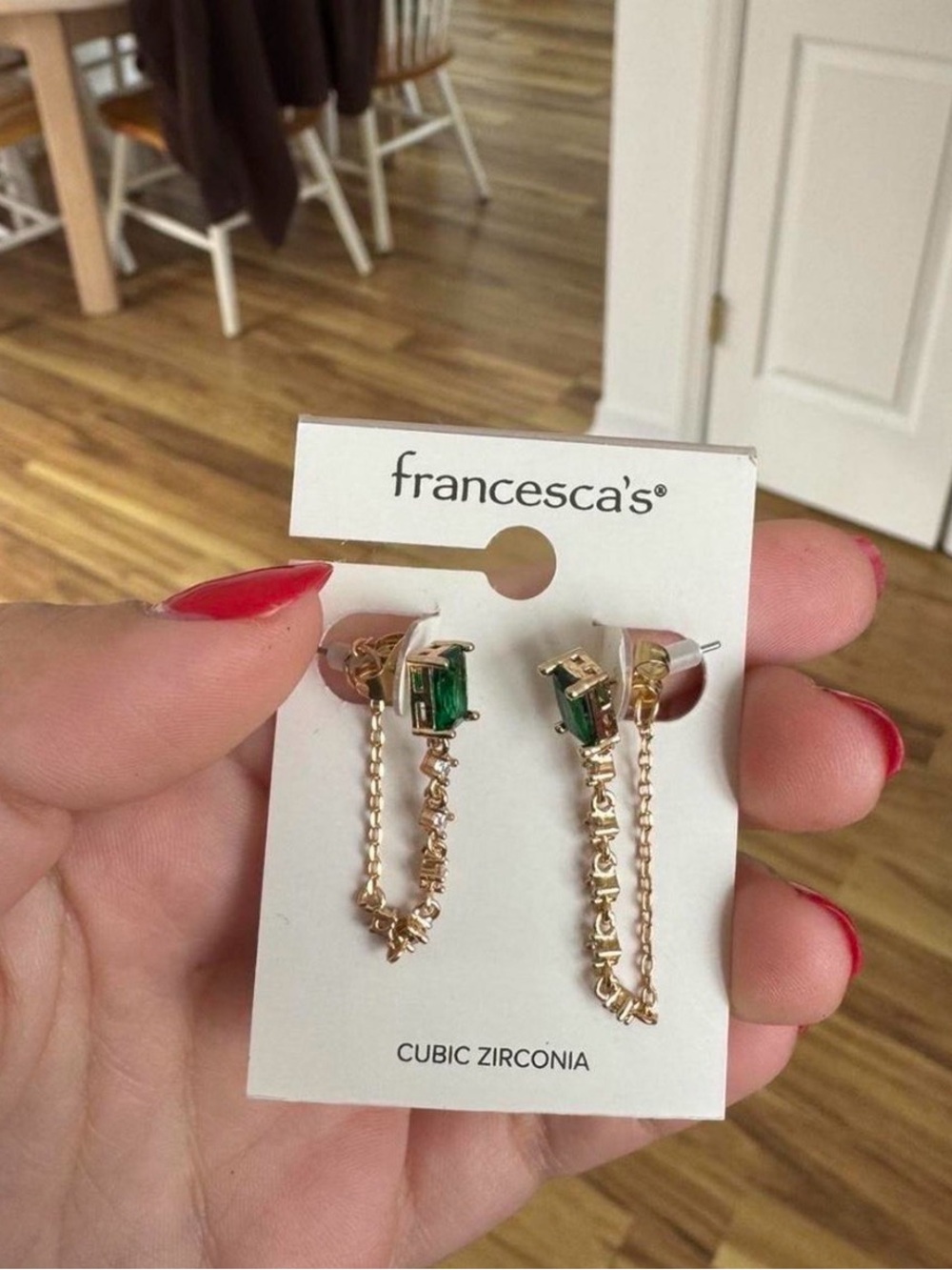 Francesca's Collections Gold Chain Earrings with Green Cubic Zirconia